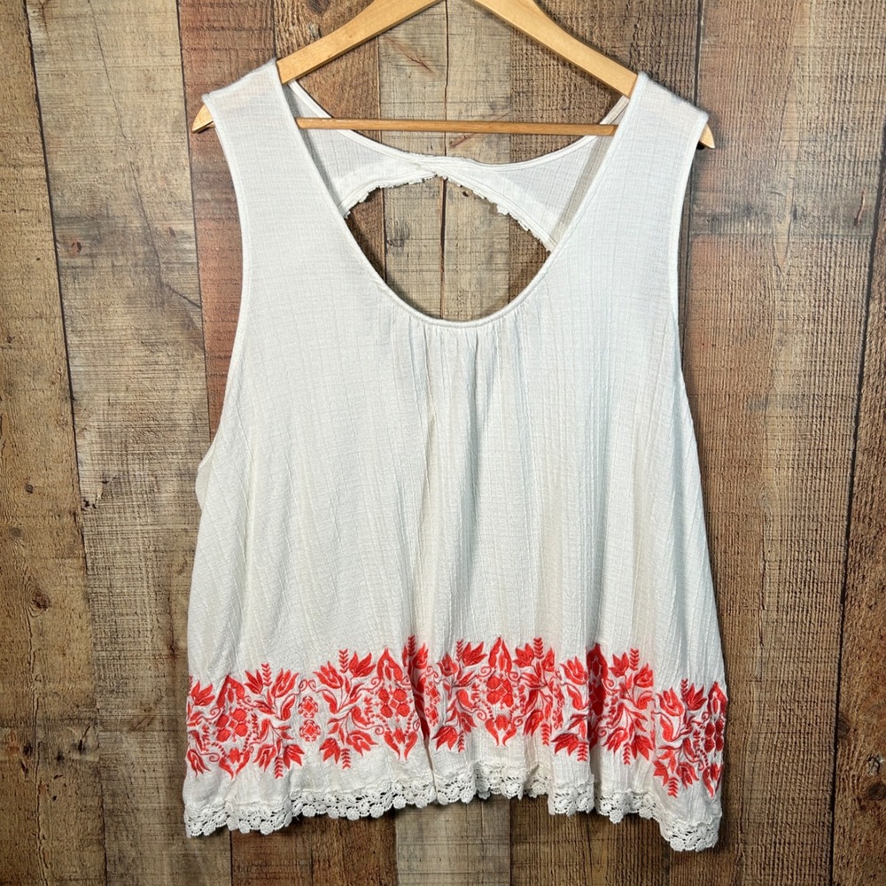 Xhilaration White Coral Embroidered Gauze Crochet Lace Boho Tank Top Blouse 4X
